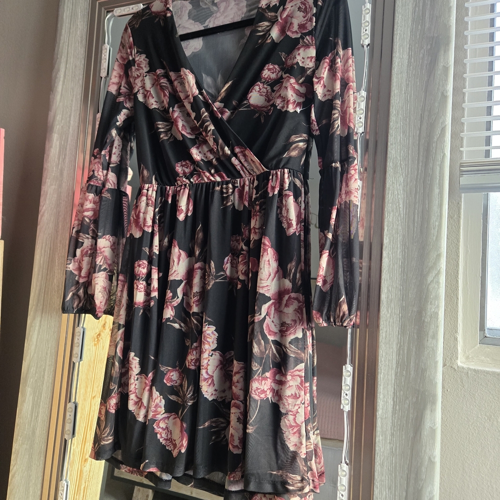 Floral Black and Pink Wrap Dress